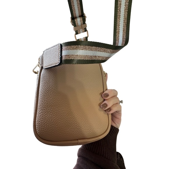 Mali+Lil crossbody phone bag small tan pebbled leather glitter strap - Picture 5 of 13